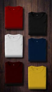 Company shirts in a variety of colors, ready for customization.