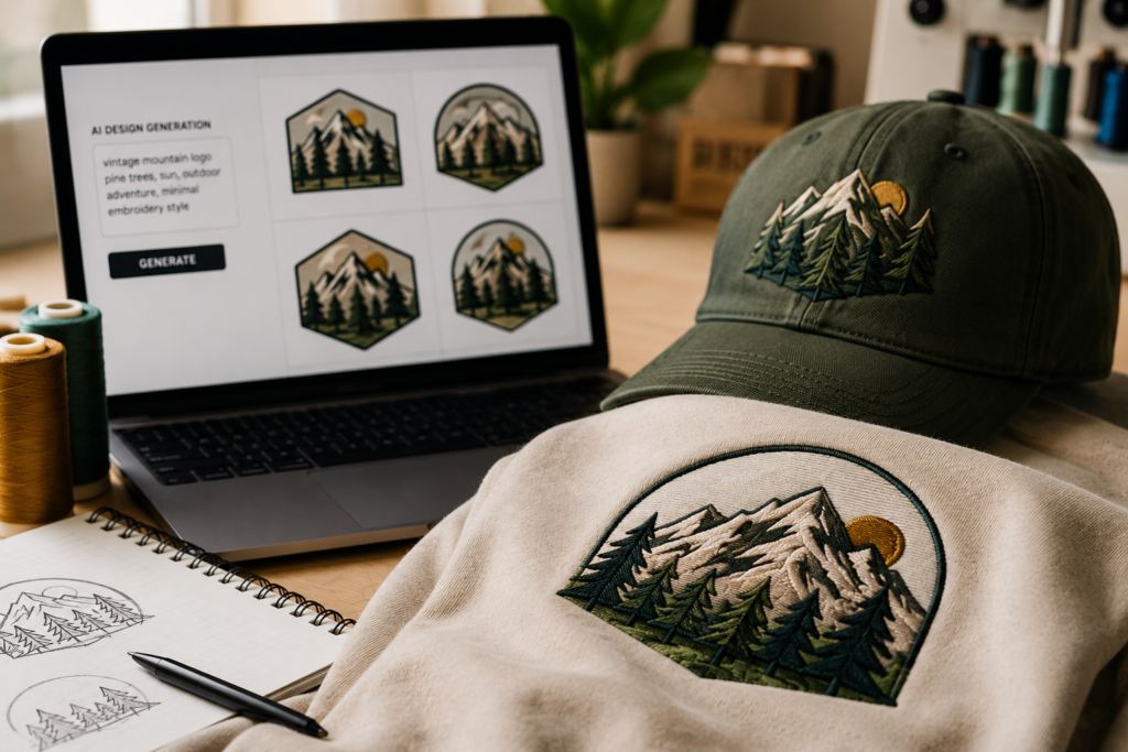 A sample of of AI designs for an embroidered logo of mountains and trees.